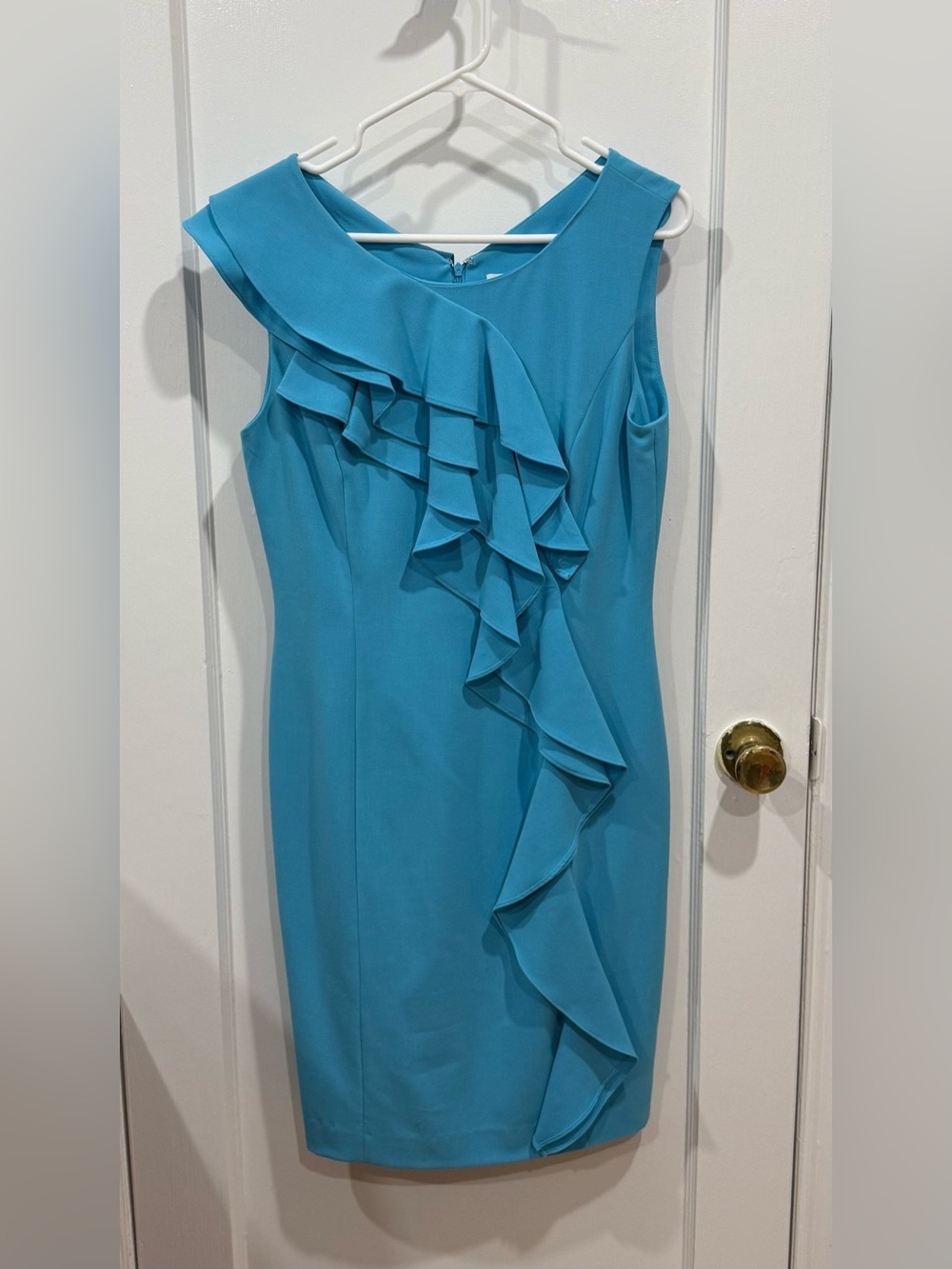 Calvin Klein Teal Blue Ruffle Sheath Midi Dress